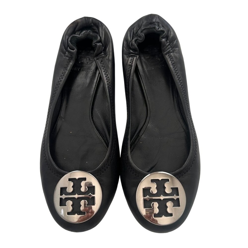 Tory Burch Classic Minnie Leather Travel Ballet Flat Black and Silver Size 7